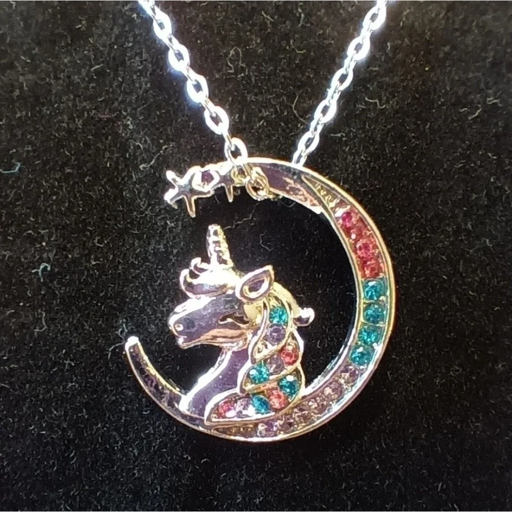 Silver Gold Plated Unicorn Pendant‎ Necklace Moon Stars Rainbow Rhinestones